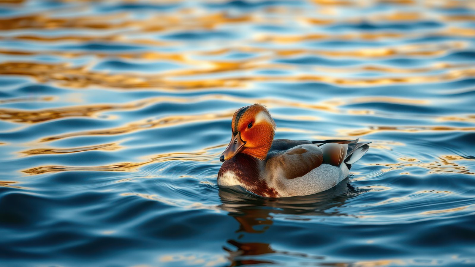 Colorful duck swimming in reflective water during golden hour at a serene lake